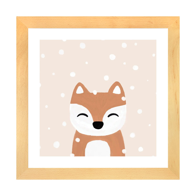 « Snow & Fox » par Orara studio, reproduction d’art, Toile avec cadre en bois beige, Blanc, H 16 po x l 16 po x p 1 po