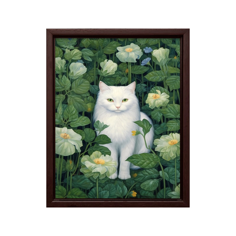 Chat blanc, Canvas, 12"H x 16"W, Brown Framed