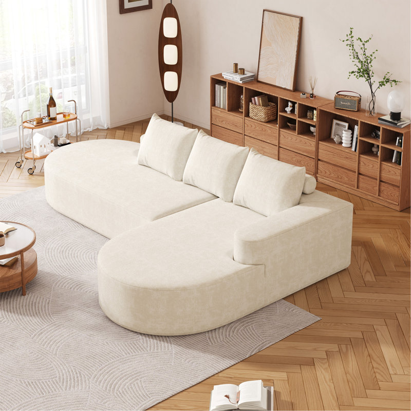 Modern Curved Sofa, Beige Chenille