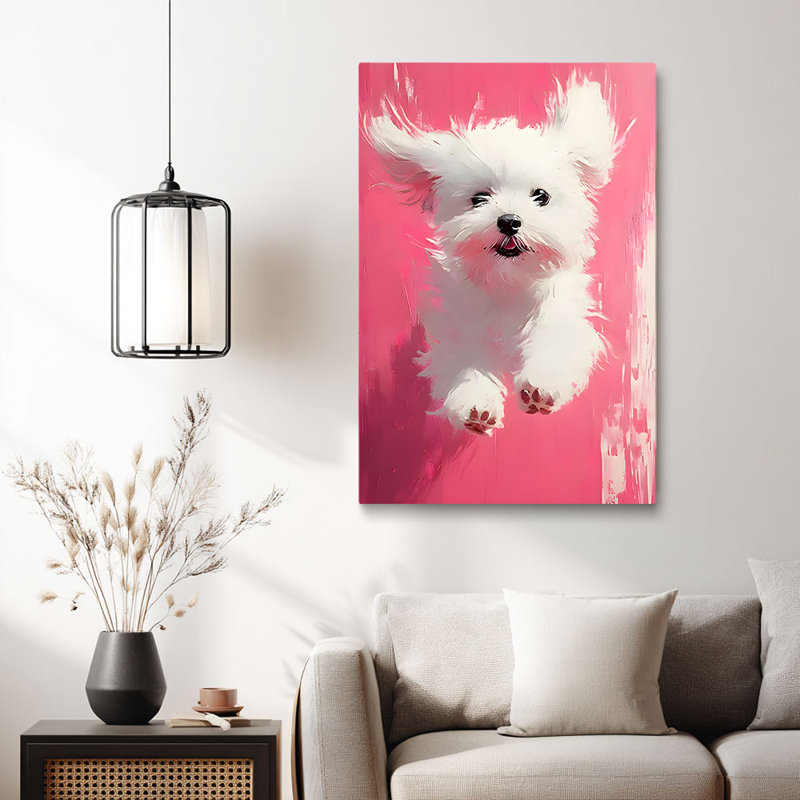 «Chiot blanc sur fond rose vif», 12*8 inch (30*20*2cm)