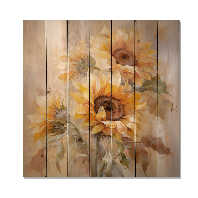 «Bexlee Beige Sunflowers», impression romantique sur bois, H 30 po x l 30 po x P 0,78 po