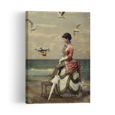 Victorian Drone Arrival Dreamy Elegant Retro Seagull Beach Ocean Wall Art Print 1 Piece Wrapped Canvas Wall Art