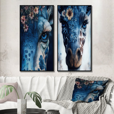 «Giraffe Portrait With Flowers», 2 pièces sur toile