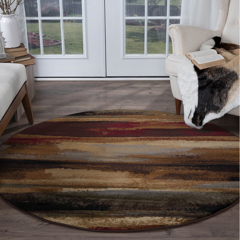 Tapis d'intérieur de style contemporain à motif abstrait brun / rouge / beige Mettler, Rond 5 pi 3 po