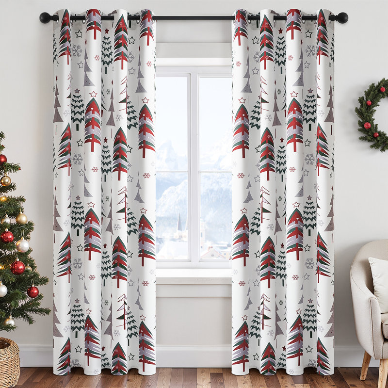White Grommet Blackout Curtains,Holiday and Party Decorations Christmas Drapes, Window Curtains with Christmas Tree and Snowflake Print,Set of 2