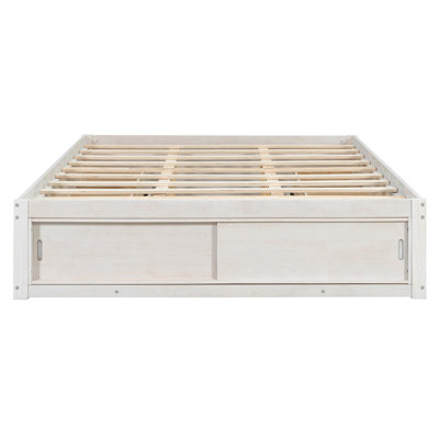 Structure de lit plateforme grand format avec 4 tiroirs de rangement et casier de rangement au pied de lit, sans tête de lit, design moderne et peu encombrant - blanc antique