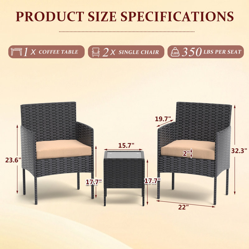 3-Piece Rattan Patio Conversation Set, Outdoor Wicker Bistro Seating Group with 2 Armchairs, Soft Waterproof Cushions & Tempered Glass Coffee Table for Balcony, Garden, Deck (Grey-Beige)