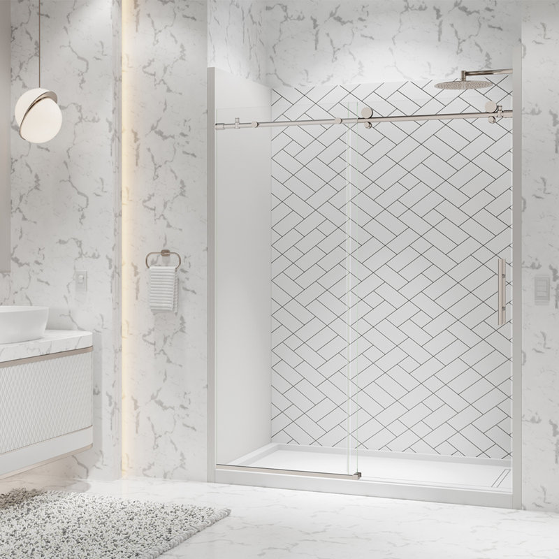 Eclipse Brushed Nickel Frameless Sliding Shower Door with Clear Glass