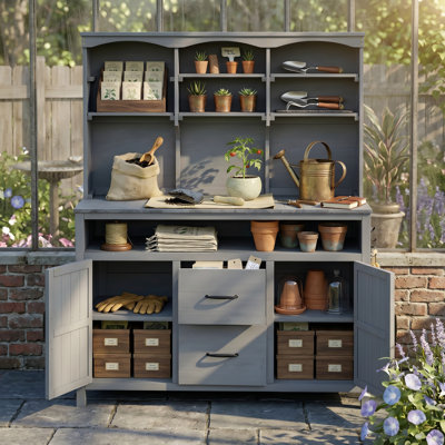 65"H X 45.3"W X 20.5"D Outdoor Kitchen Island & Potting Bench With Hutch, Large Solid Wood Garden Workstation With 2 Cabinets