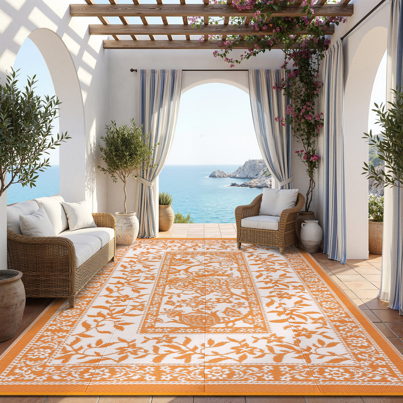 Reversible Outdoor Rug 8x10ft, Orange/White - Waterproof UV Resistant Plastic Straw Mat, Easy Clean, Portable Patio Carpet for Garden, Backyard, Camping, Beach - USA