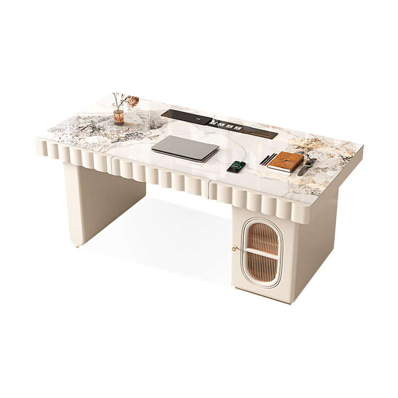 Bureau blanc rectangulaire en bois manufacturé avec 2 tiroirs, H 29,53 po x l 70,87 po x P 27,56 po