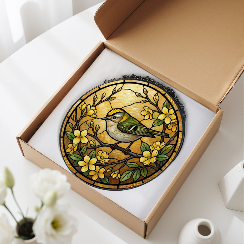 7.8"H Bird Flower Stained Glass Window Panel, 7.8" H x 7.8" W