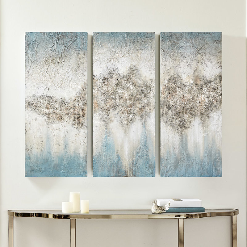 3 décorations murales abstraites, bleu gris avec roche naturelle et paillettes, 15 po x 35 po, décoration intérieure moderne en toile, textures épaisses, l 15 po x H 35 po, cintres