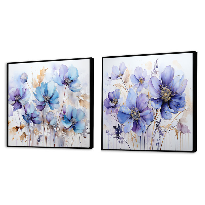 Colourful Tranquil Petals - Abstract Square Collage Set Of 2, Black Floater Framed, 16" H x 33" W