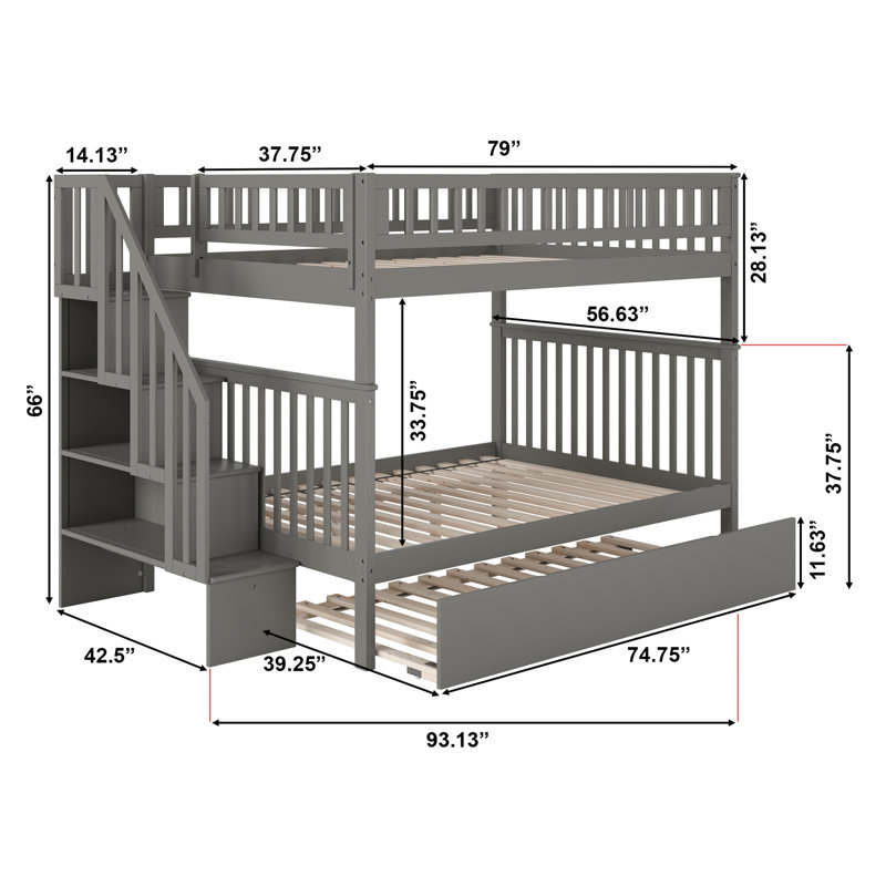 Lit superposé en bois robuste avec escalier et lit gigogne Ilariana, Gris, Double sur double