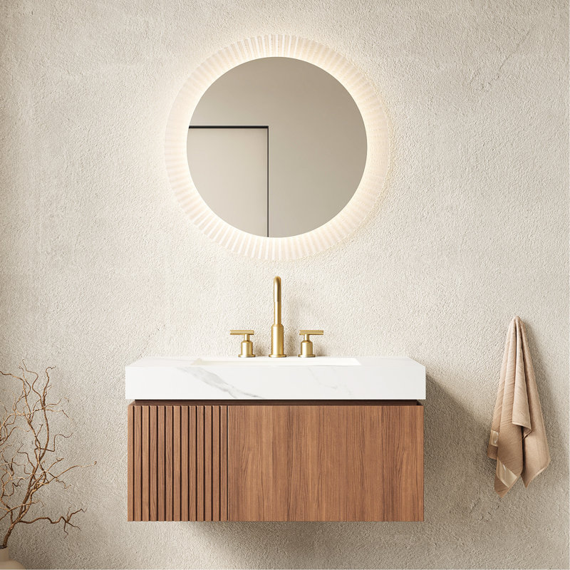 Meuble-lavabo de 36 po, lavabo en céramique avec 3 trous de robinet pré-percés, tiroir et porte d'armoire de rangement en contreplaqué flottant, plateau en pierre frittée blanche, chêne brun, meuble-lavabo assemblé