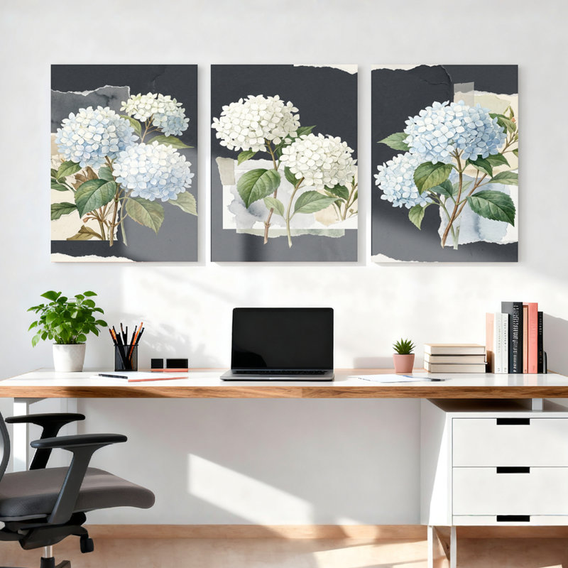 Ensemble de 3 tableaux muraux sur toile à motif floral d'hortensias, pour la décoration du salon et de la chambre.