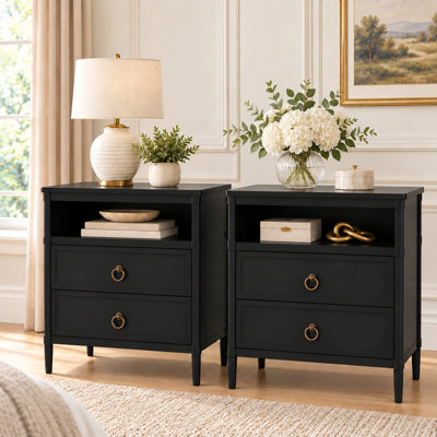 Nightstand Set of 2, Mid Century Modern Night Stand with Drawers and Open Shelf, Beside Table with Distressed Ring Handle for Bedroom,Black End Table