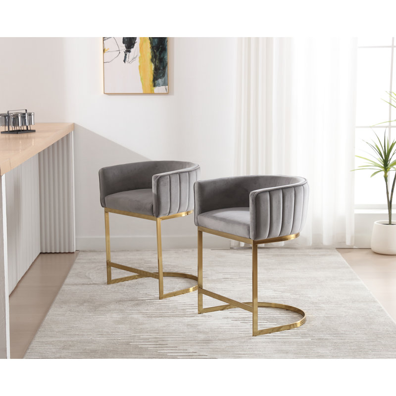 Naysharn Upholstered Counter Stool with Metal Frame, Gray, Gold, 2