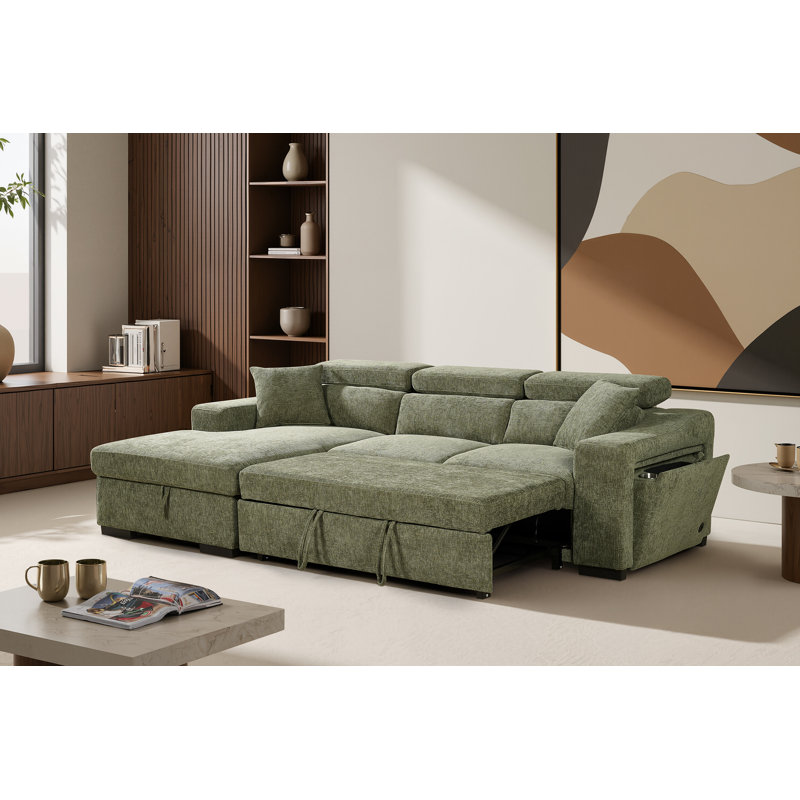 4 Seater Sofa Bed, Green Chenille, Left Hand Facing