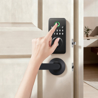 Ensemble de serrure de porte à empreinte digitale, serrure de porte électronique biométrique à pêne dormant sans clé avec poignée, conception innovante à prise facile, verrouillage automatique, code unique, mot de passe anti-perçage, noir mat