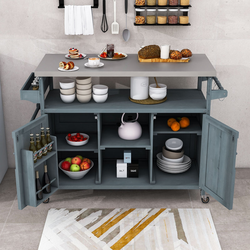 Cheyene Rolling Kitchen Island with Stainless Steel Top and Lockable Wheels, Gray Blue
