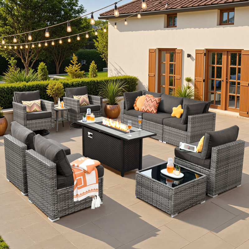 Chappotin Wicker 9 - Person Modular Patio Conversation Set with Cushions, Black