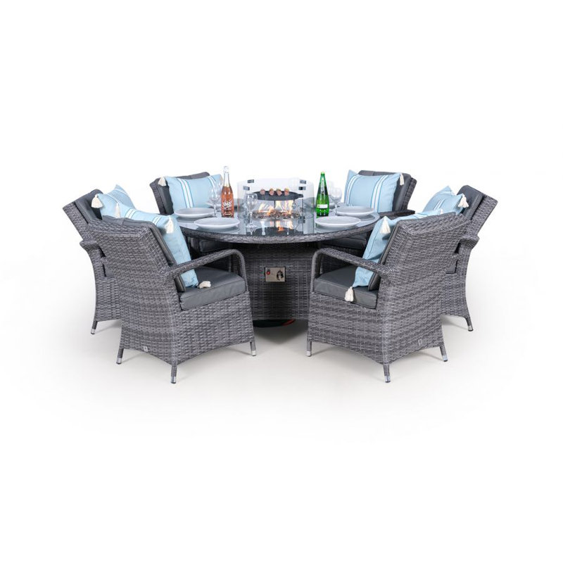 Ouellette 6 - Person Wicker Patio Dining Set with Round Table , Cushions Included, Grey/Light Blue, Grey