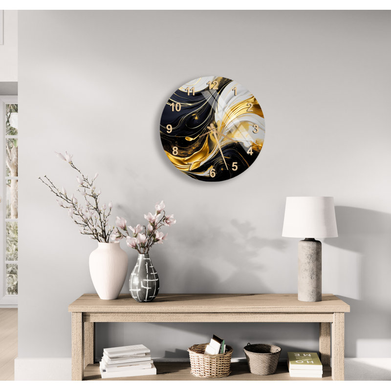 Horloge murale abstraite en verre trempé à coups de pinceau abstrait blanc, noir et or, Doré