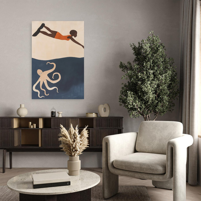 Swimmer Meets Octopus Minimalist Octopus Wall Art Print 1 Piece Wrapped Canvas Wall Art, 91.44cm H x 60.96cm W