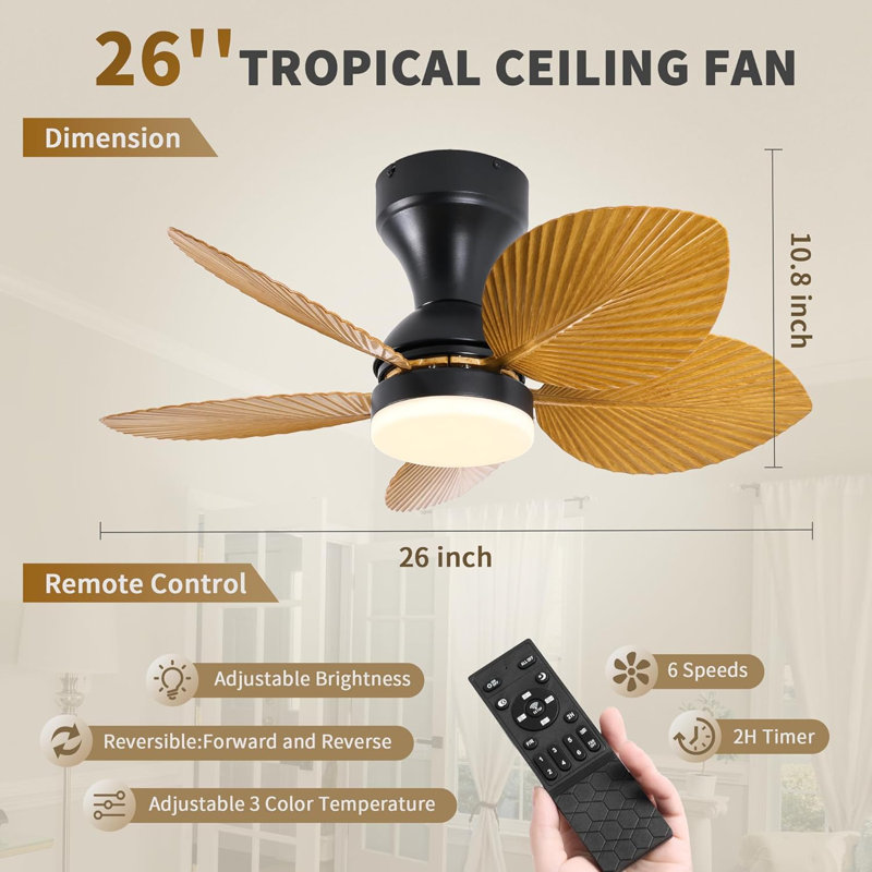 Ventilateur de plafond tropical de 26 pouces avec éclairage à DEL, ventilateur de patio extérieur en feuille de palmier, 5 pales, ventilateur de plafond Boho, ventilateur encastré avec télécommande pour la cuisine de la chambre à coucher à l'inté