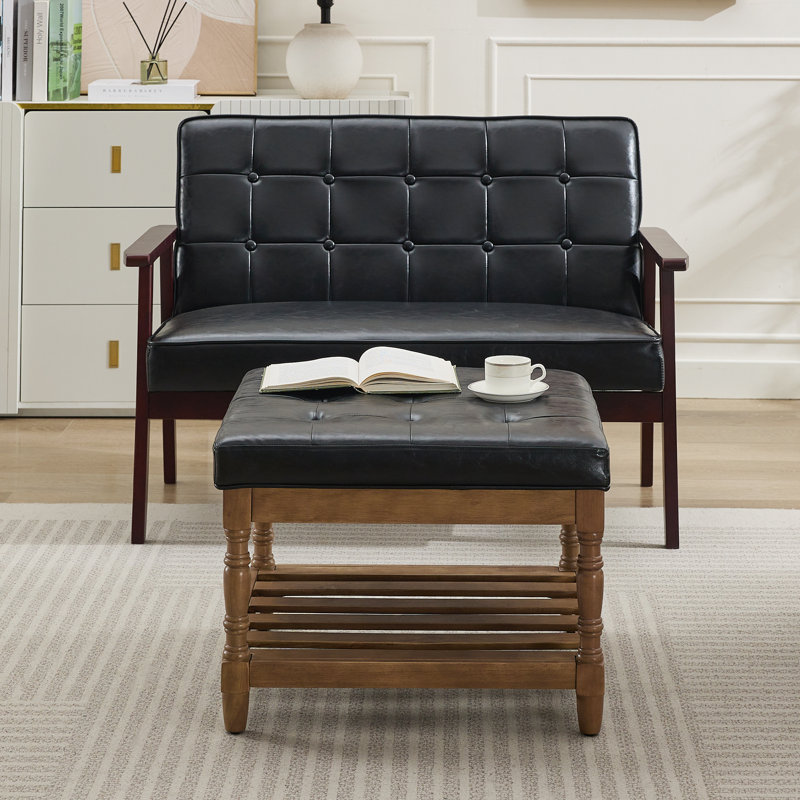 Gladis Faux Leather Coffee Table with Storage, Black Top/Dark Brown Base