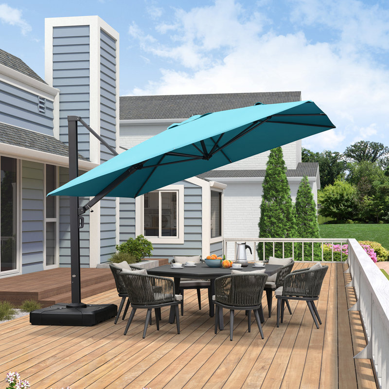 Parasol en porte-à-faux carré avec base Mcelfresh, bleu turquoise, Bleu, H 108 po x l 132 po x P 132 po