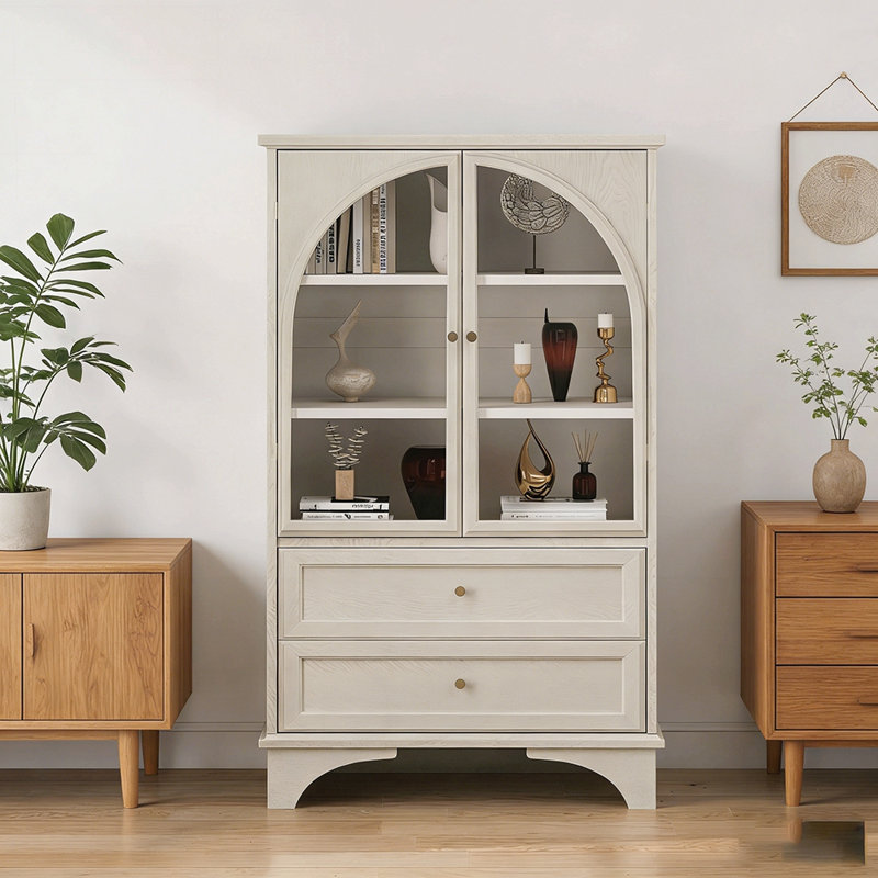 Vintage MDF Cabinet with Adjustable Shelves and Glass Doors for Elegant Storage Solutions, White