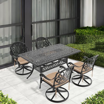 5 chaises de jardin toutes saisons - 4 chaises avec fonction pivotante et table rectangulaire avec coussins en tissu noir et résilient pour l'extérieur en fonte d'aluminium rotatif -