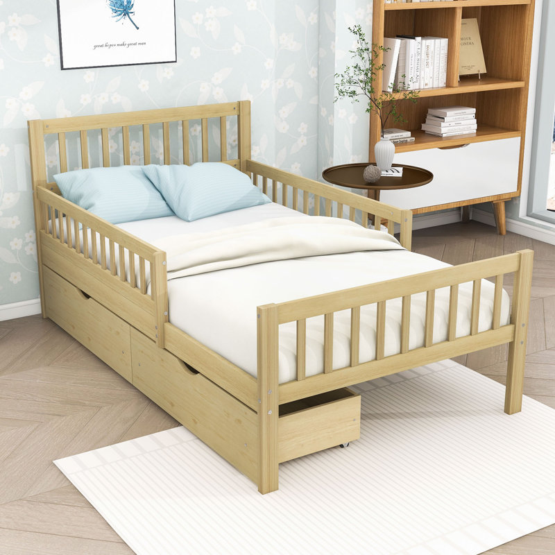 Lit plateforme en bois avec tête de lit, garde-corps et tiroirs de rangement Idahlia, Simple, Natural