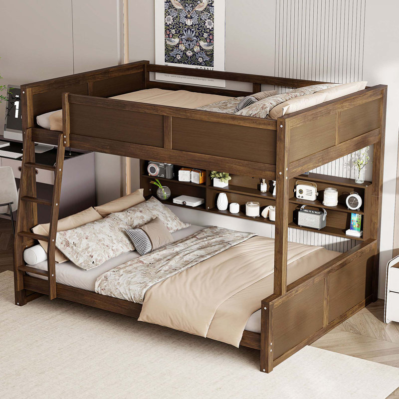 Lit superposé avec armoires de rangement et ports USB, Bois