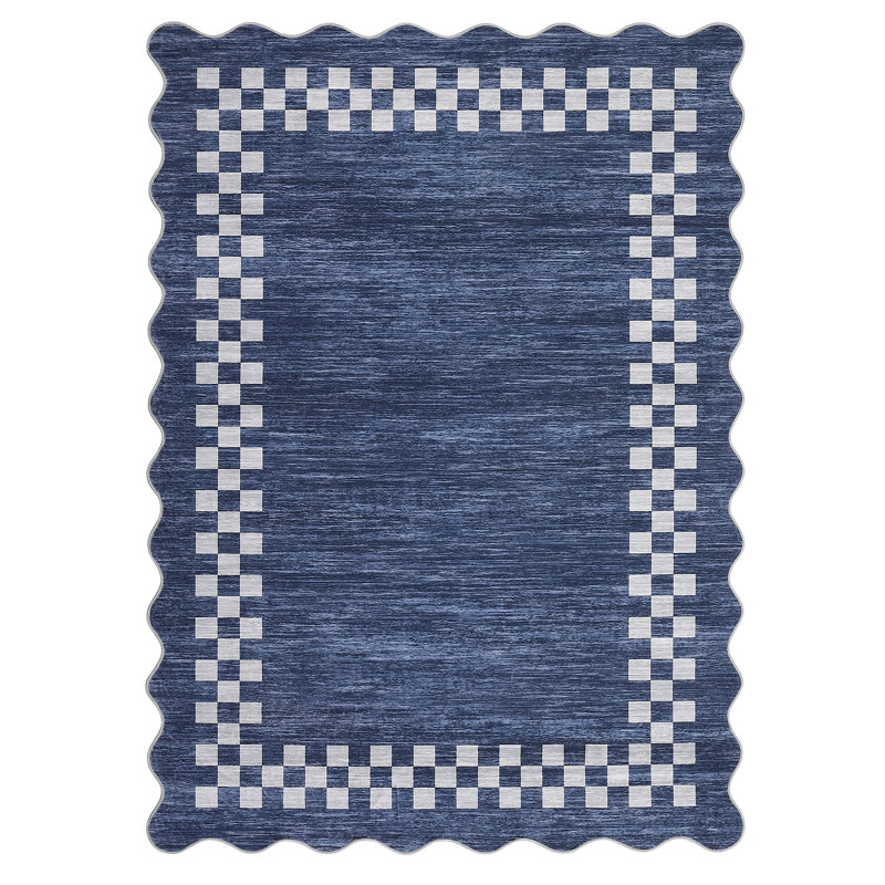 Scalloped Area Rug Modern Bordered Accent Carpet, Non-Slip Geometric Floor Cover, Stain-Resistant Low Pile Indoor Mat, Easy to Clean Rugs