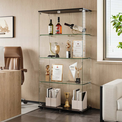Vitrine en verre avec portes doubles à 4 tablettes et serrure, bibliothèque sur pied en verre trempé pour la maison et le bureau