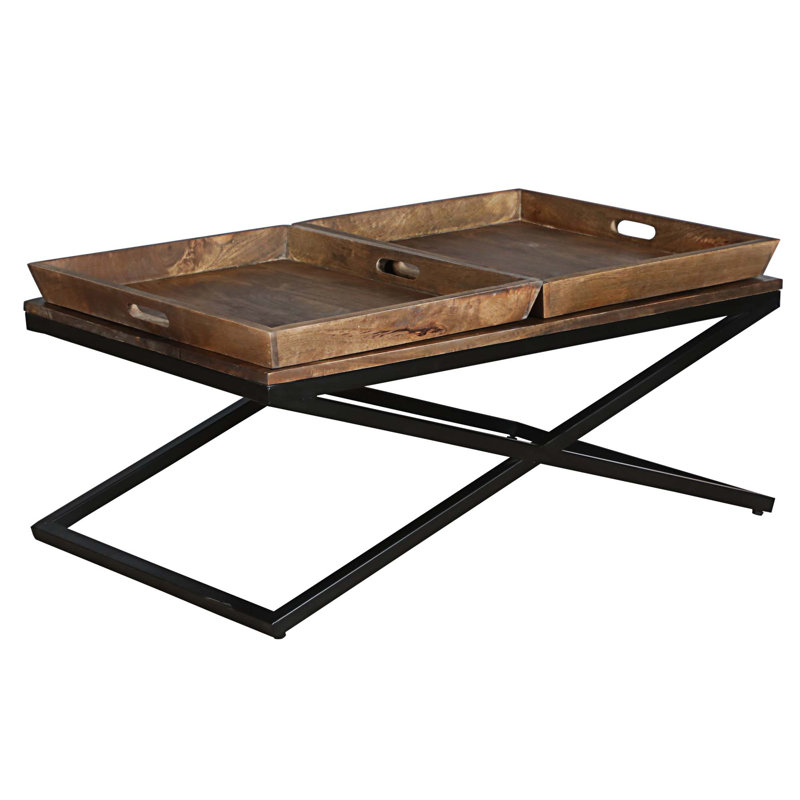 Table basse 38 pouces rectangulaire en bois de manguier, 2 plateaux, base en X, brun et noir