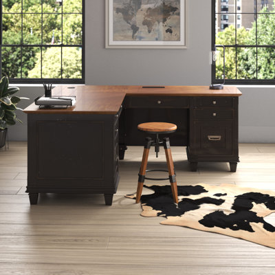 Django L-Shaped Solid Wood Executive Desk with Built-In Electrical Outlet