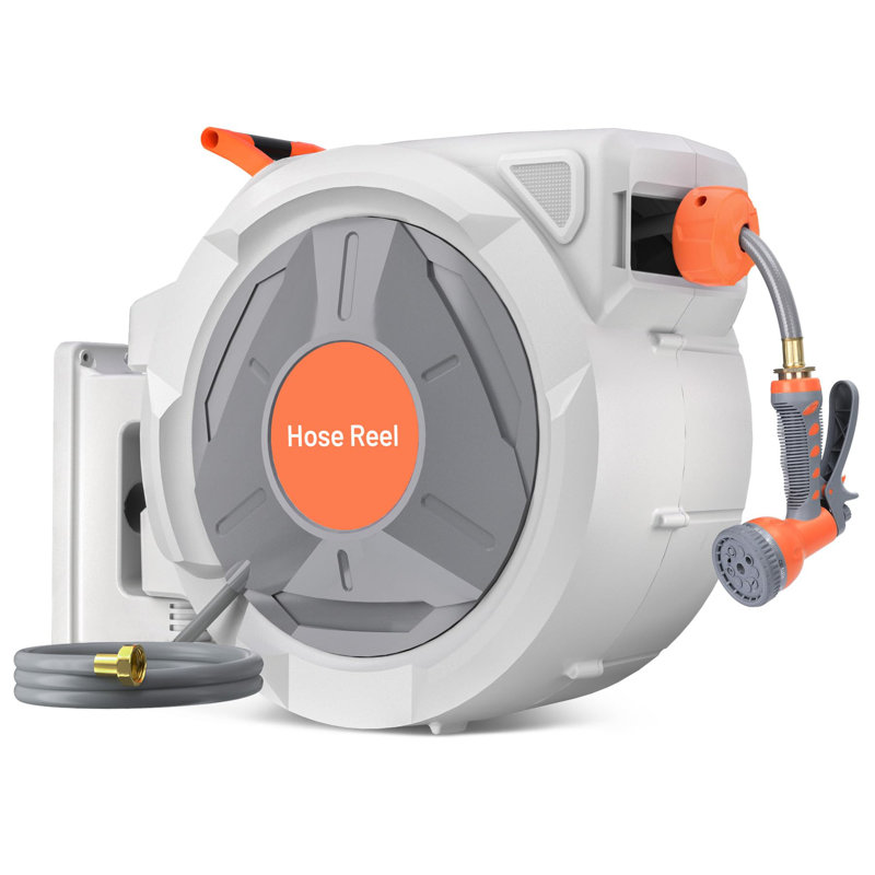 Gray Retractable Garden Hose Reel 5/8" x 100ft Wall Mounted with 9-Function Nozzle, Adjustable Length Lock & 180° Swivel Bracket