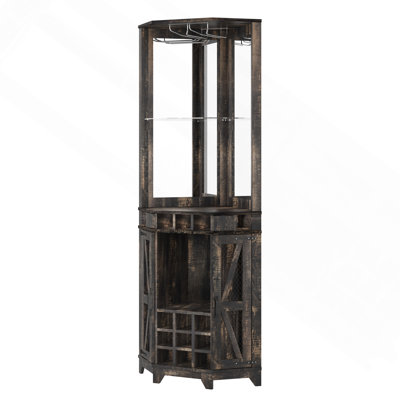 Cabinet Wine Corner Bar Storage, 72" Tall Farmhouse With Barn Door, Home Bar With Acrylic Mirror And Glass Rack, Kitchen