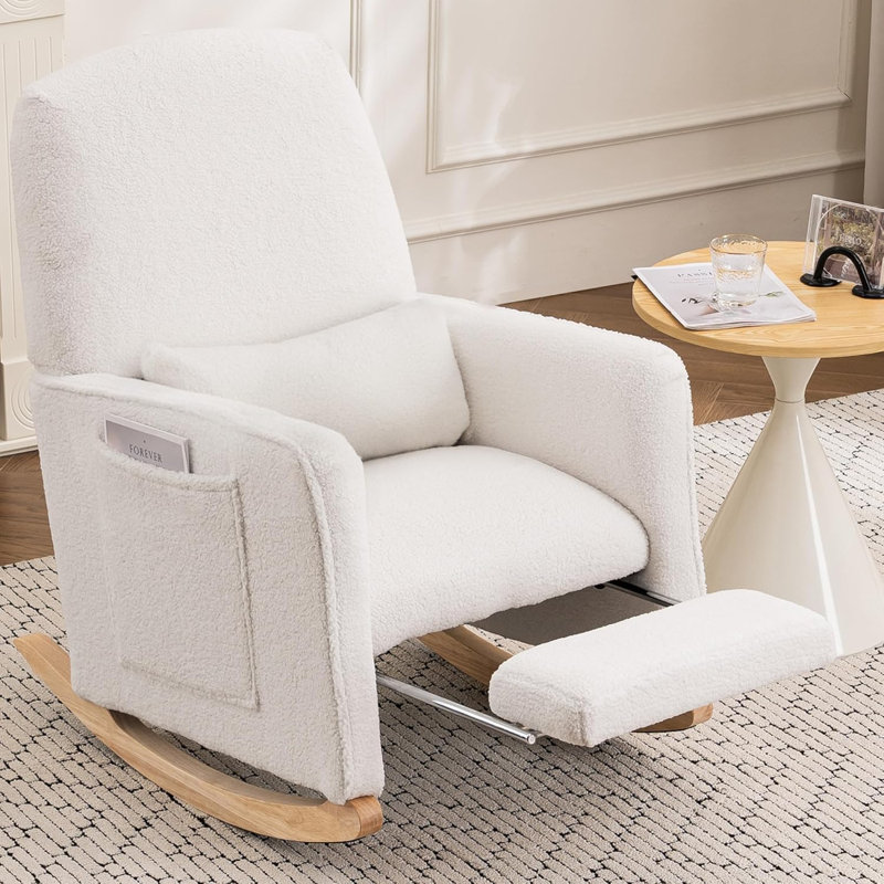 Rocking Chair Nursery with Adjustable Footrest and High Backrest, Ivory