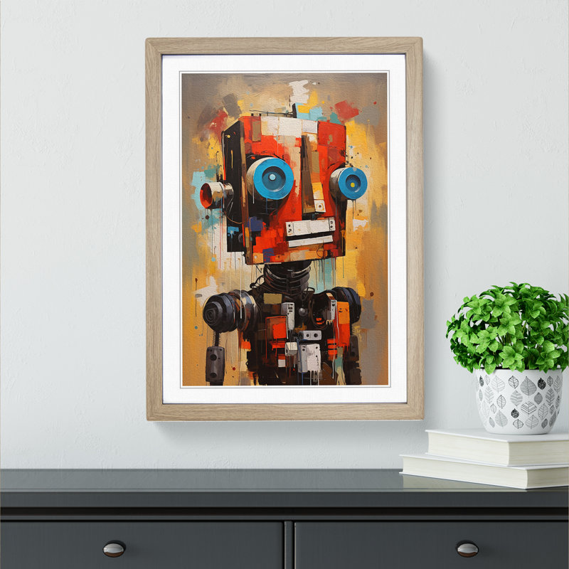 Robot Gestural - Single Picture Frame Print on Wood, Oak, 64cm H x 46cm W x 2cm D