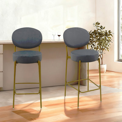 Ensemble de 2 tabourets de bar rembourrés en velours avec tabouret de comptoir rond avec dossier et repose-pieds pour îlot de cuisine (gris)