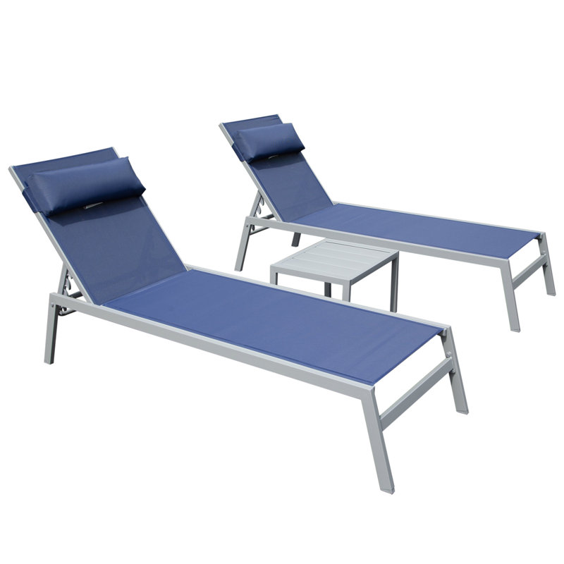 Patio Chaise Lounge Set Of 3, Aluminum Pool Lounge Chairs With Side Table, Outdoor Adjustable Recliner All Weather For Poolside, Beach, Yard, Balcony (Navy Blue)