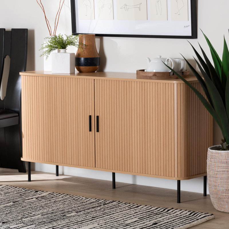 Baxton Studio Lucia Fluted Wood Sideboard - Mid-Century Modern Buffet Cabinet With Sliding Tambour Doors, 55" Wide
