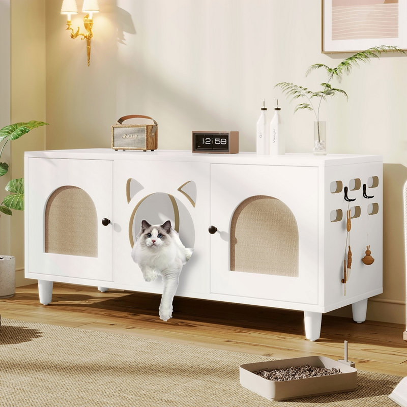 Armoire pour chat moderne en bois avec griffoir en sisal, litière pour chat avec rangement, table d'appoint blanc crème