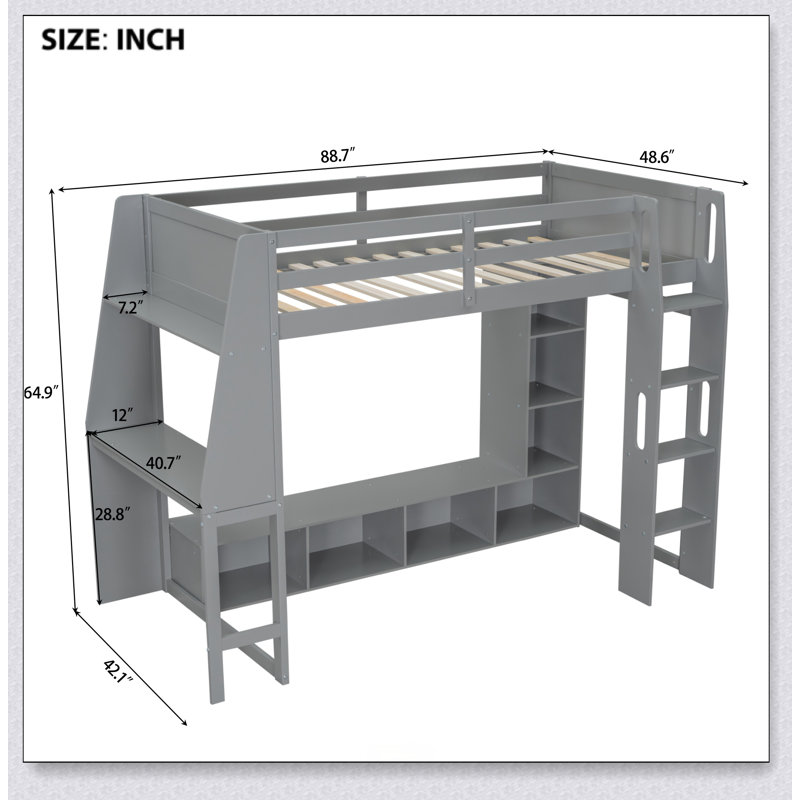 Wood Gaming Loft Bed With Desk, Multi-Storage Shelves, LED And A Hanging Clothes Rack, Lit simple